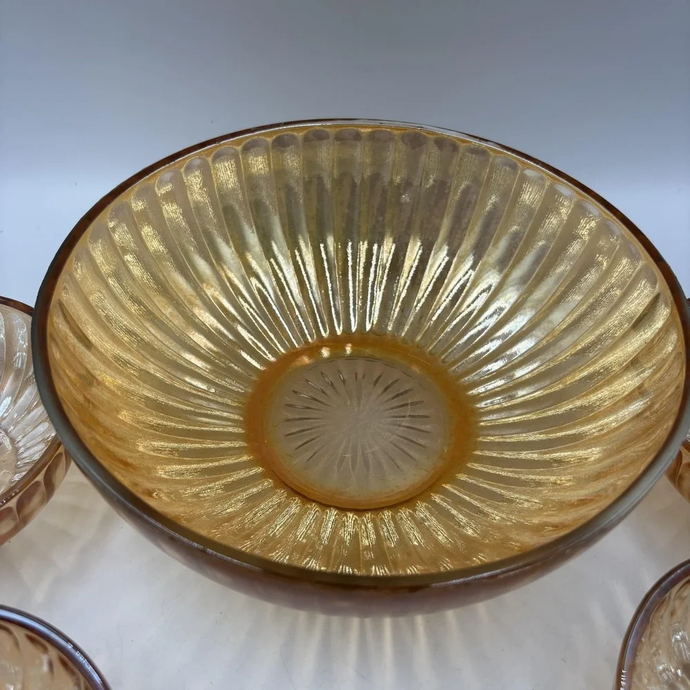 Gold Carnival Glass Salad Serving Bowl Set Ribbed‎ Art Deco 6 Piece Unmarked